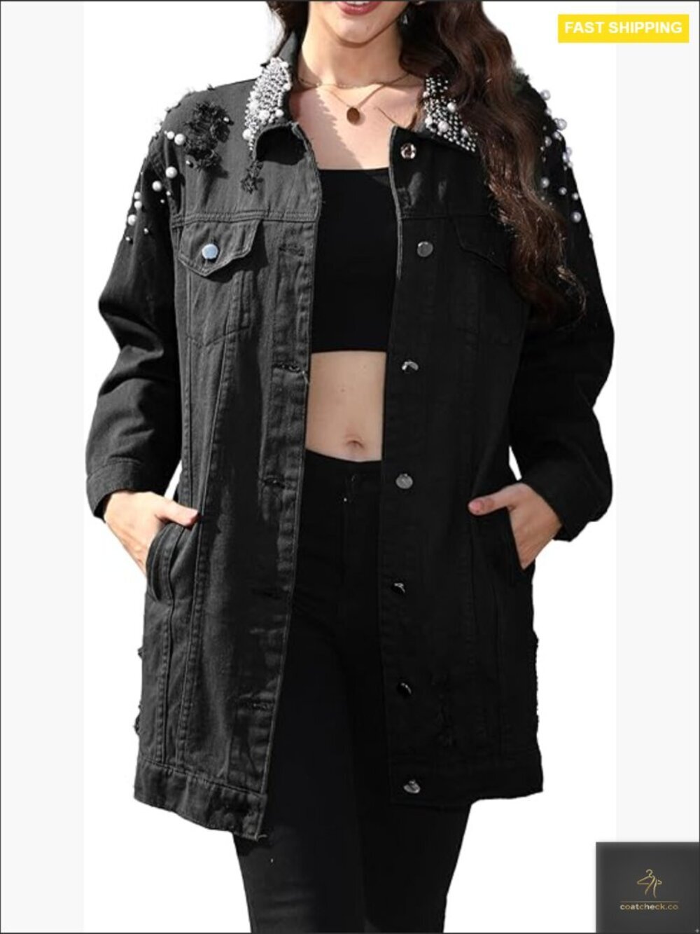 Long Sleeve Button Down Pearl Jean Jacket Boyfriend Long Denim Coat